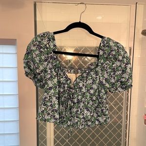 Zara puff sleeve crop top - green and blue XS